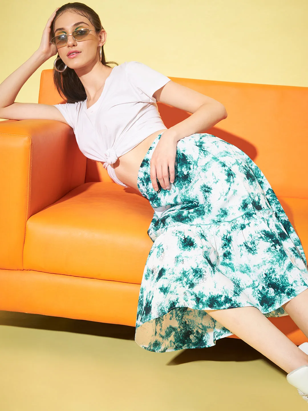 Women Tie Dye Gathered or Pleated Flared Midi Skirt