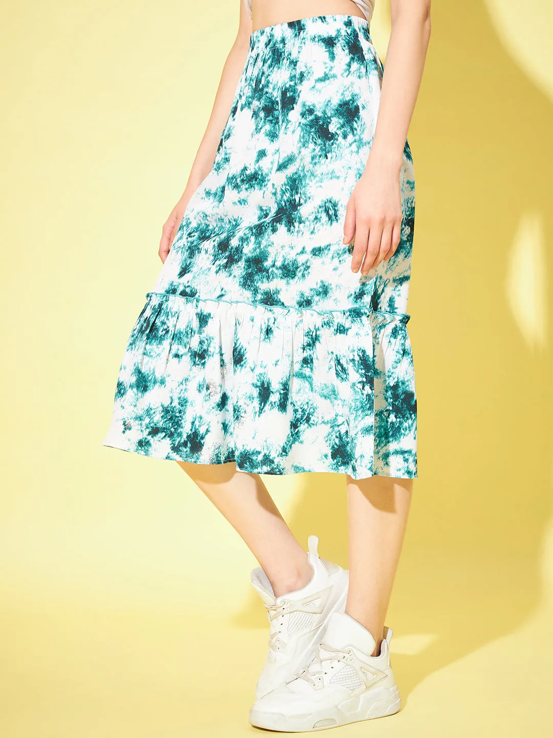 Women Tie Dye Gathered or Pleated Flared Midi Skirt