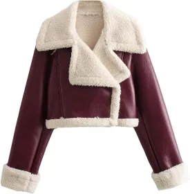 Women's Faux Shearling Fur Winter Coat Warm Thick Fur Lined Faux Leather Jacket Lapel Cropped Casual Moto Jacket Coat