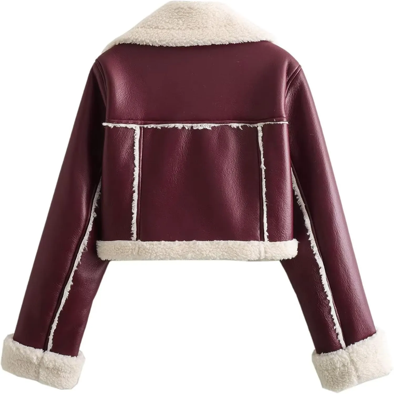 Women's Faux Shearling Fur Winter Coat Warm Thick Fur Lined Faux Leather Jacket Lapel Cropped Casual Moto Jacket Coat