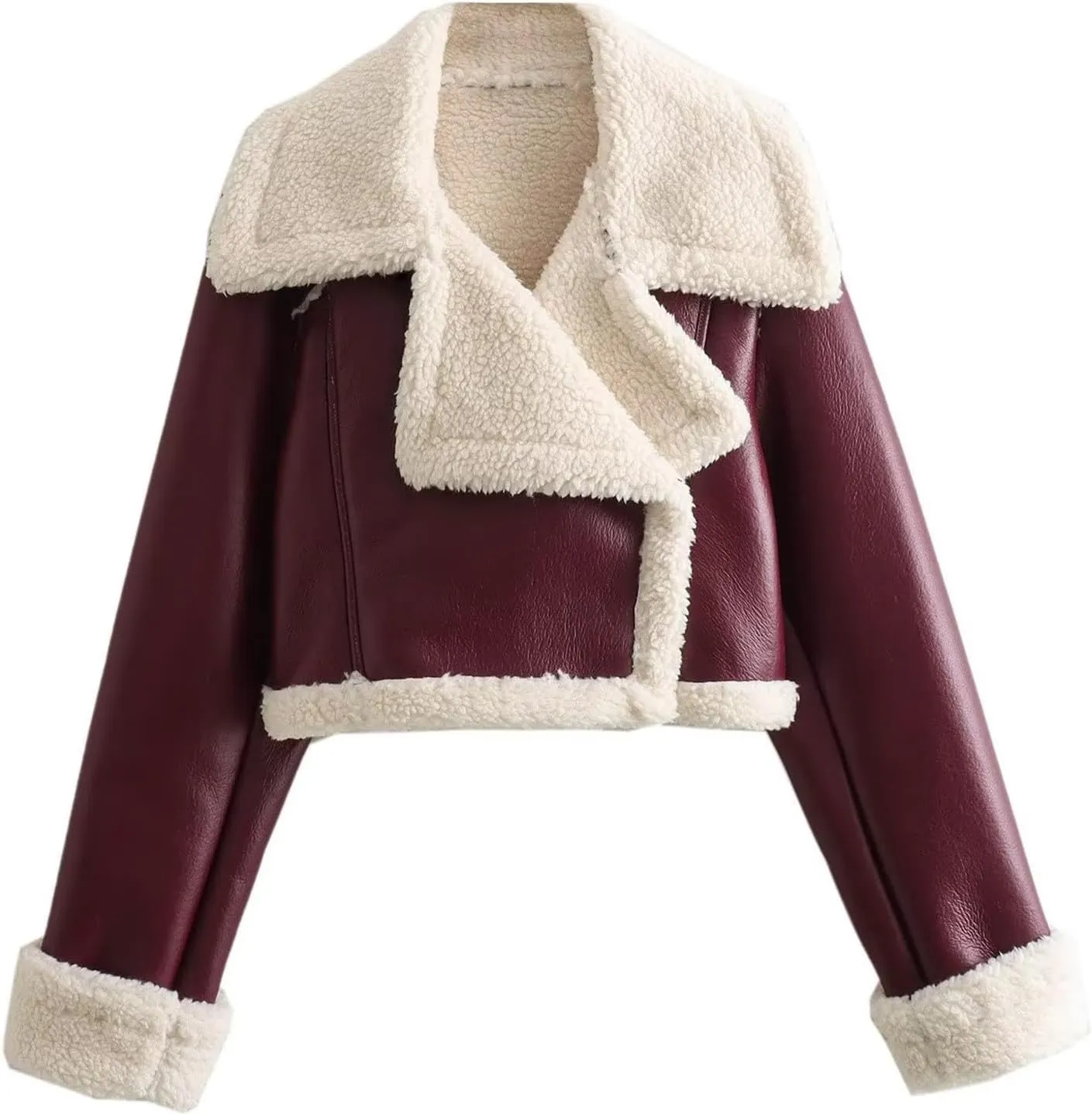 Women's Faux Shearling Fur Winter Coat Warm Thick Fur Lined Faux Leather Jacket Lapel Cropped Casual Moto Jacket Coat