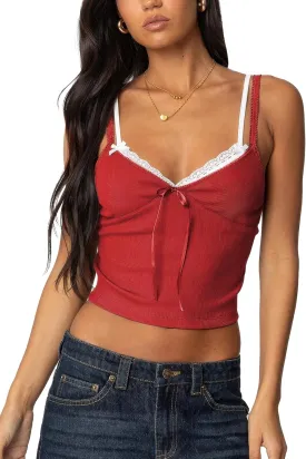 Women's Lace Bow Ribbed Spaghetti Strap Tank Top Cute V Neck Camisole Cropped Going Out Tops