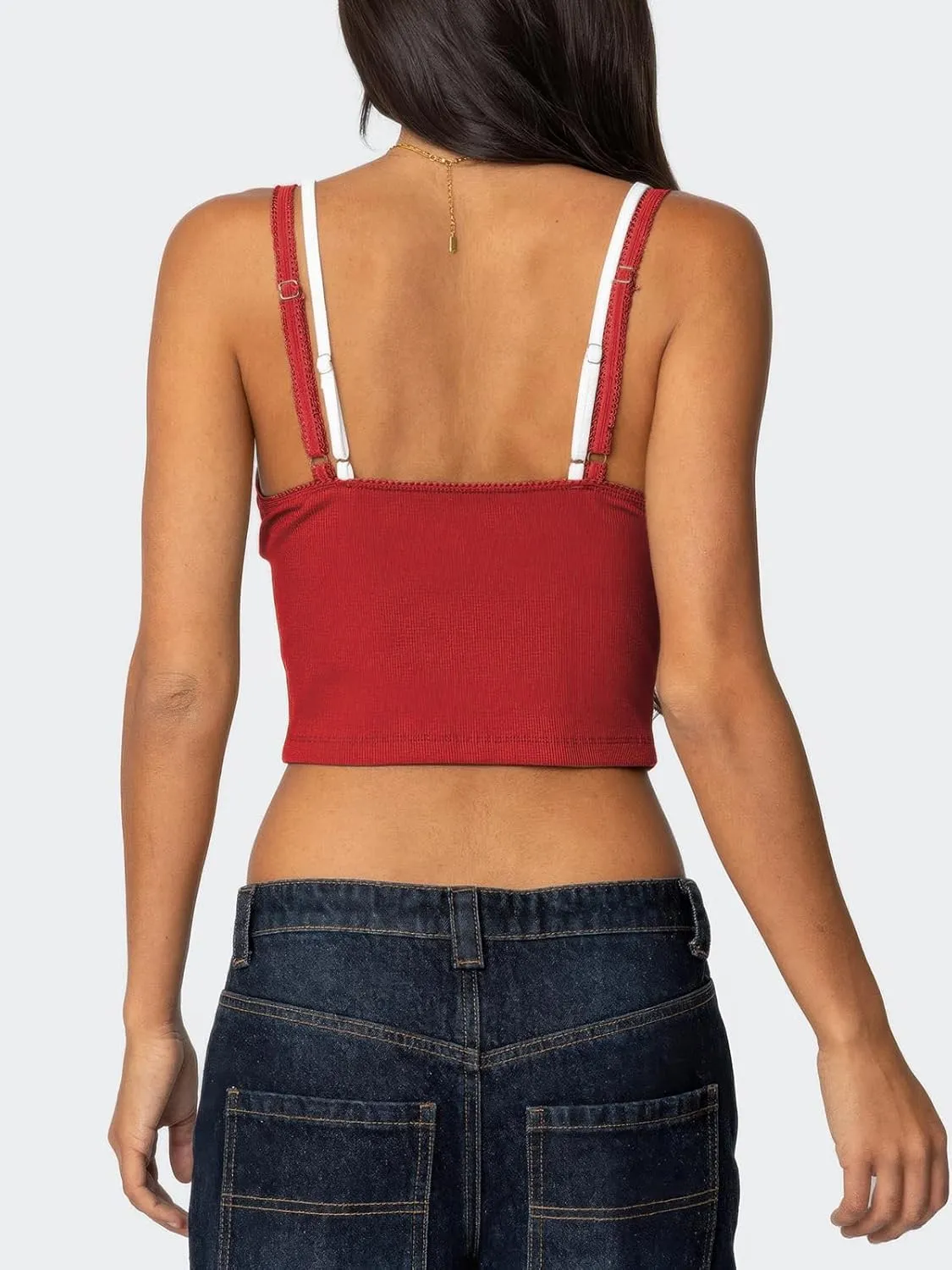 Women's Lace Bow Ribbed Spaghetti Strap Tank Top Cute V Neck Camisole Cropped Going Out Tops