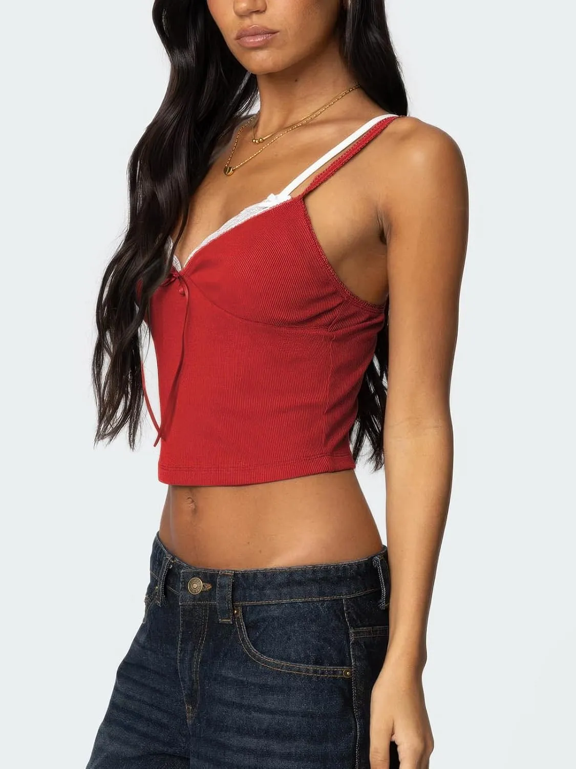 Women's Lace Bow Ribbed Spaghetti Strap Tank Top Cute V Neck Camisole Cropped Going Out Tops