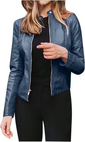 Women's Leather Jackets, Zip Motorcycle Jacket Quilted Lightweight Coat Vegan Pu Leather Fashion Outerwear