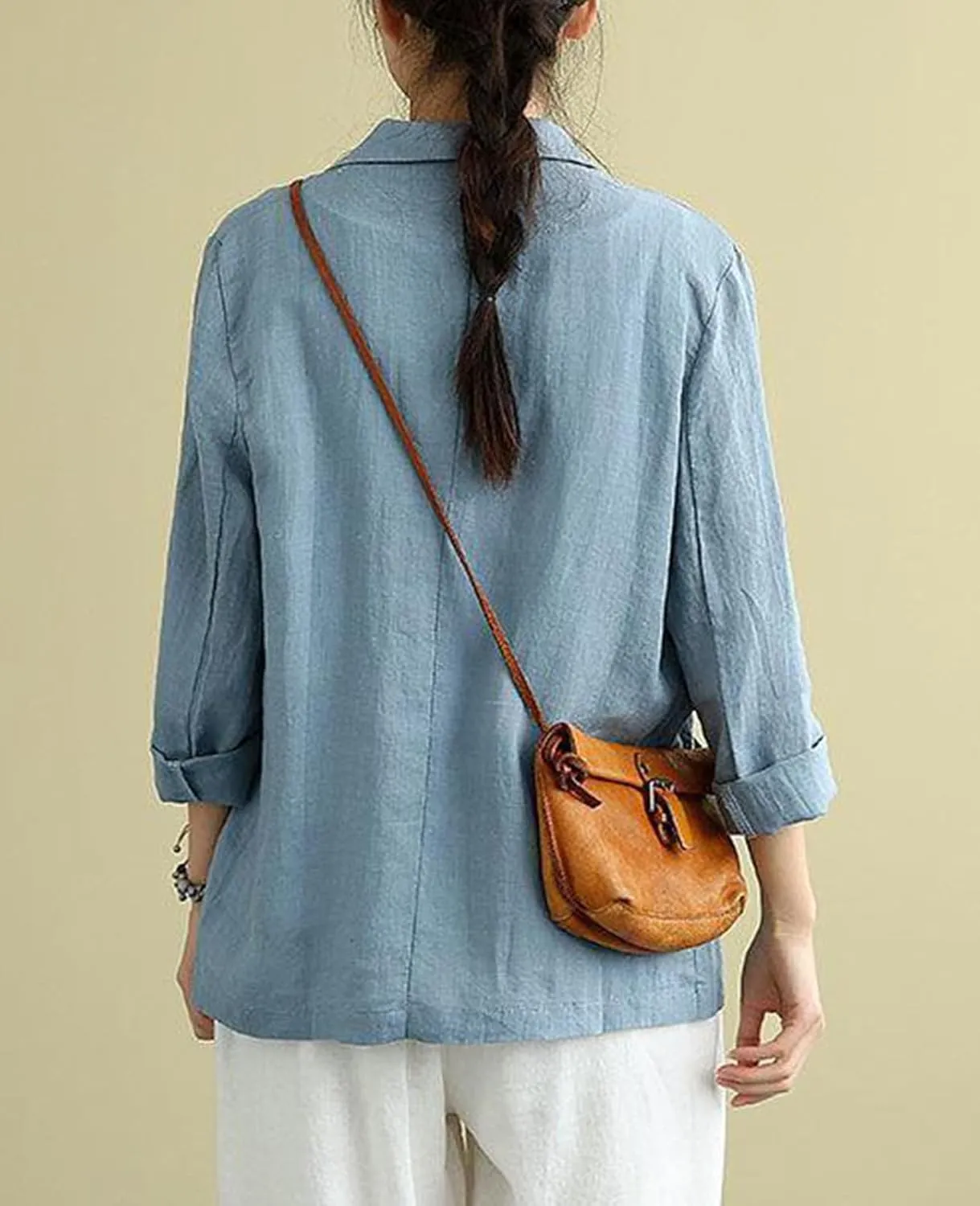 Womens Linen Blazer 3/4 Sleeve Notch Lapel Summer Casual Blazers Jackets with Pockets