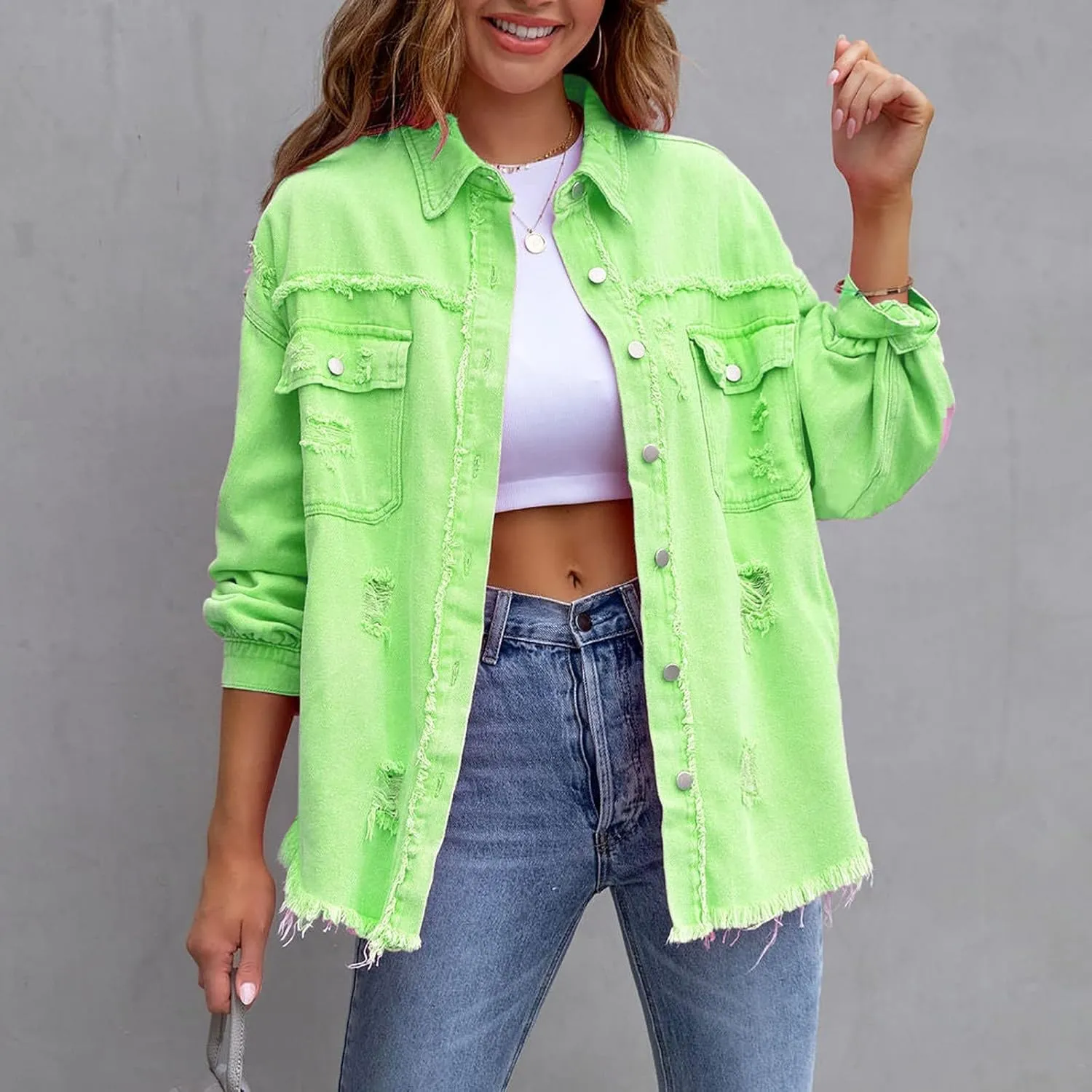 Women's Oversized Botton up Denim Jackets Classic Fit Crop Jean Jacket Stretch Casual Coat with Pockets Teen Girls