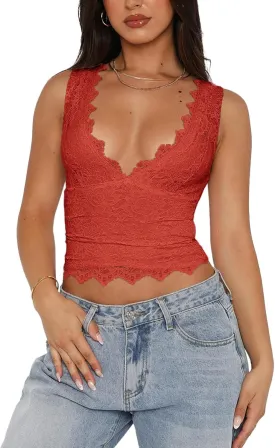 Womens Sexy V-Neck Sleeveless Lace Cropped Tank Tops Going Out Y2K Top Streetwear