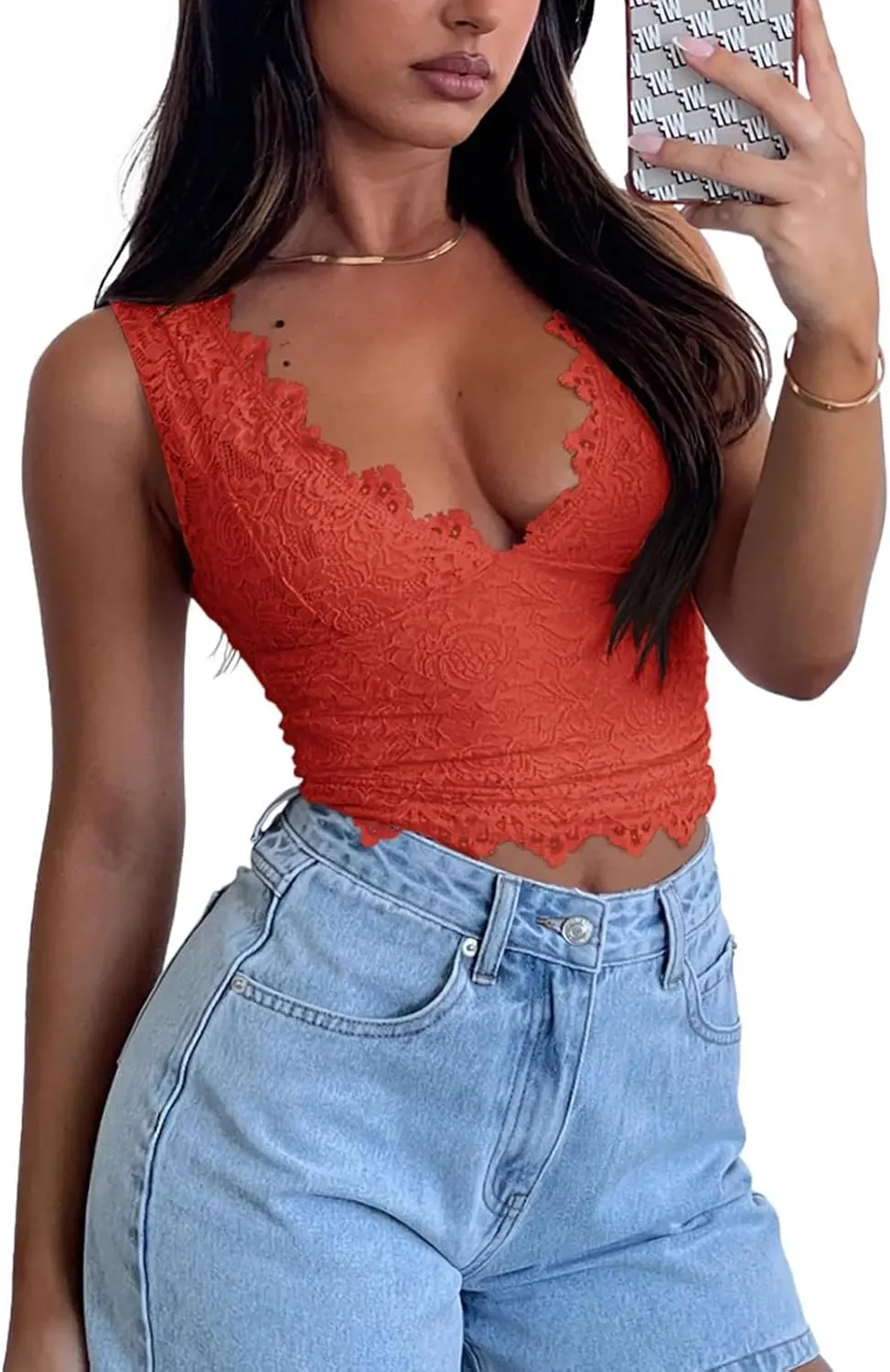 Womens Sexy V-Neck Sleeveless Lace Cropped Tank Tops Going Out Y2K Top Streetwear