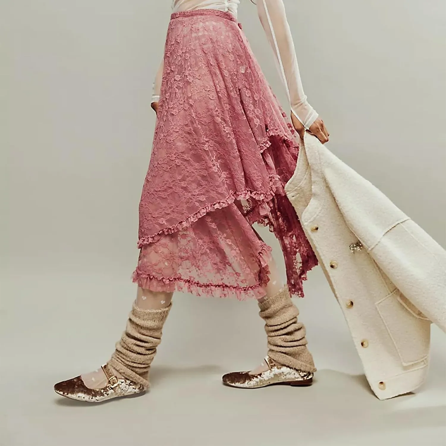 Women's Summer Midi Skirts Elastic Asymmetrical Layered Hem Sexy High Waist Skirts Beach Floral Casual Skirts