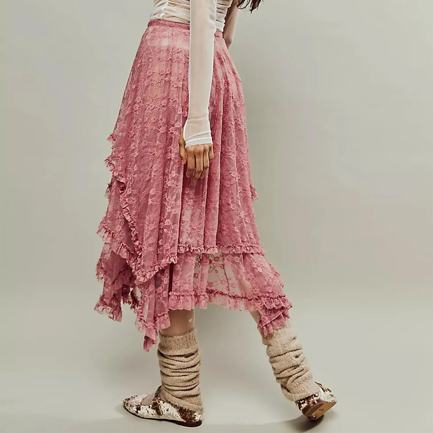 Women's Summer Midi Skirts Elastic Asymmetrical Layered Hem Sexy High Waist Skirts Beach Floral Casual Skirts