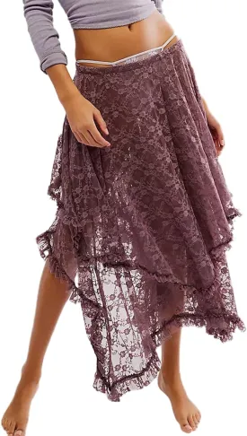 Women's Summer Midi Skirts Elastic Asymmetrical Layered Hem Sexy High Waist Skirts Beach Floral Casual Skirts