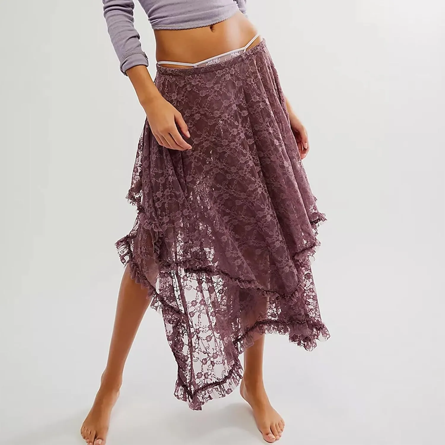Women's Summer Midi Skirts Elastic Asymmetrical Layered Hem Sexy High Waist Skirts Beach Floral Casual Skirts