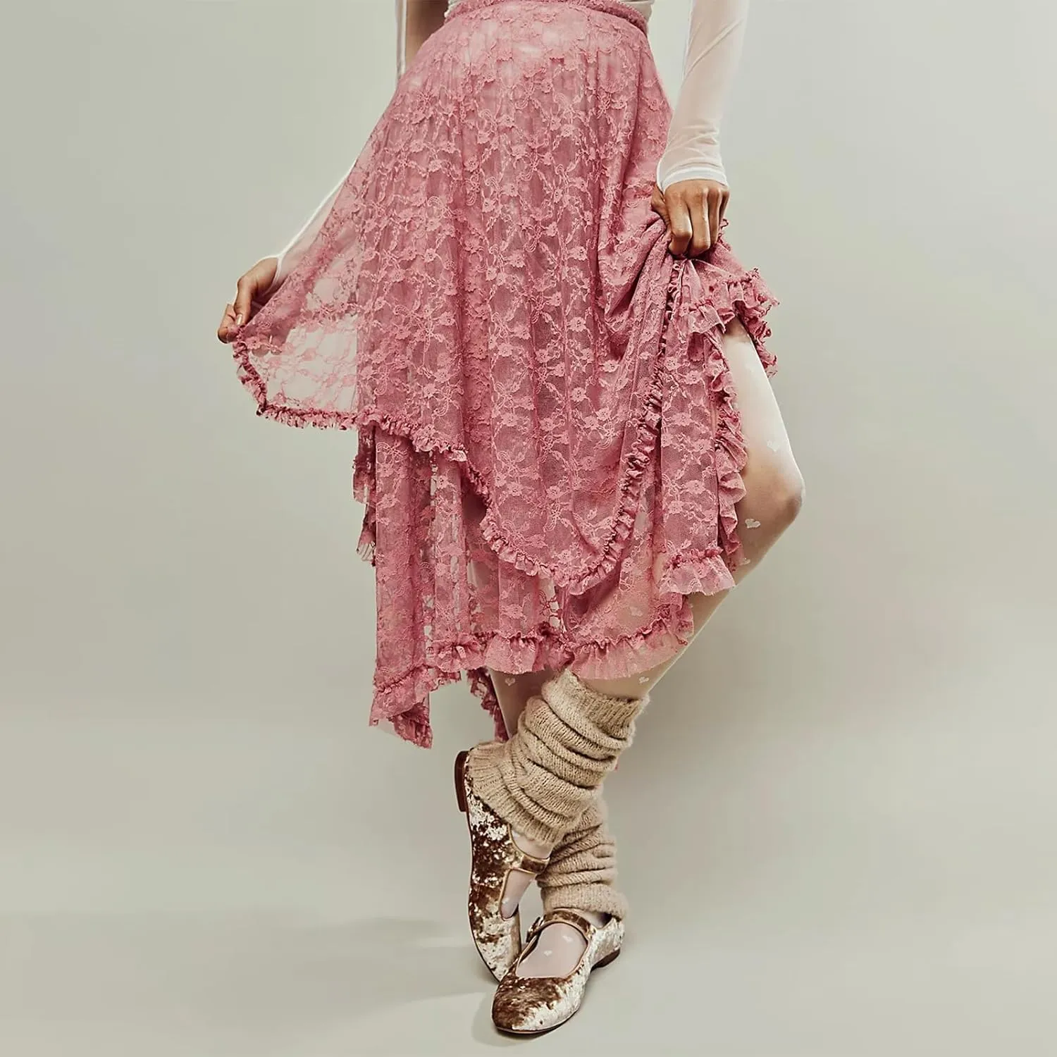 Women's Summer Midi Skirts Elastic Asymmetrical Layered Hem Sexy High Waist Skirts Beach Floral Casual Skirts