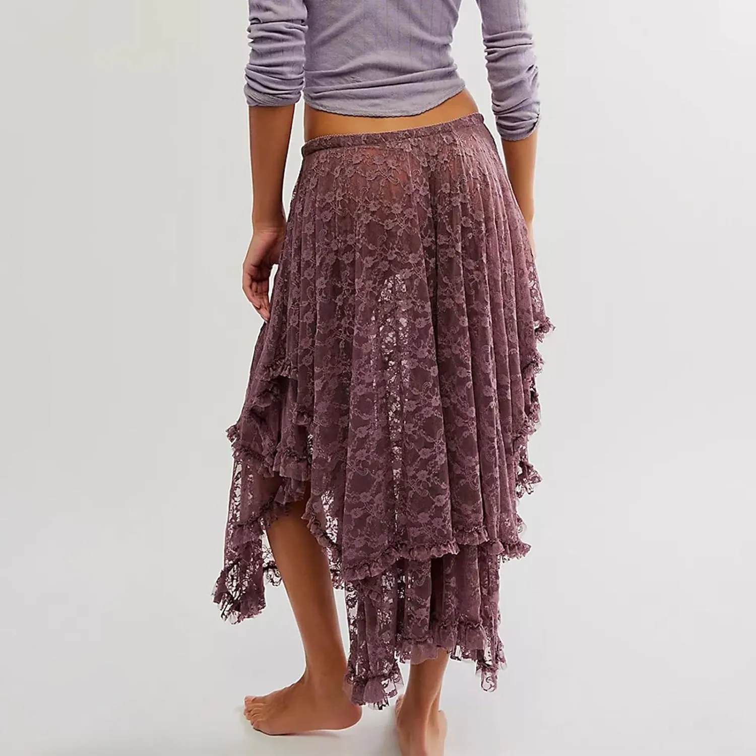 Women's Summer Midi Skirts Elastic Asymmetrical Layered Hem Sexy High Waist Skirts Beach Floral Casual Skirts