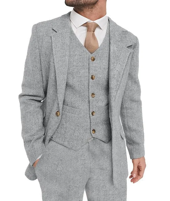 xiangtuibao Mens Suit Grey 3 Piece Suit Hight Quality Wool Tweed Wedding Groomsmen Shawl Lapel Tuxedos Slim Fit Blazer Pants vest
