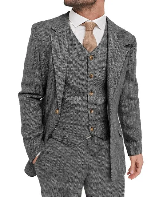 xiangtuibao Mens Suit Grey 3 Piece Suit Hight Quality Wool Tweed Wedding Groomsmen Shawl Lapel Tuxedos Slim Fit Blazer Pants vest