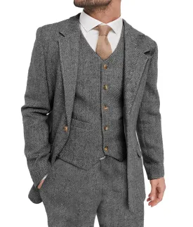 xiangtuibao Mens Suit Grey 3 Piece Suit Hight Quality Wool Tweed Wedding Groomsmen Shawl Lapel Tuxedos Slim Fit Blazer Pants vest