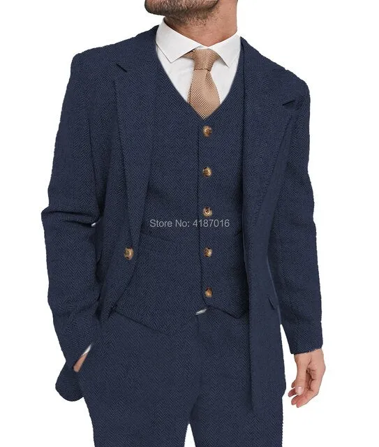 xiangtuibao Mens Suit Grey 3 Piece Suit Hight Quality Wool Tweed Wedding Groomsmen Shawl Lapel Tuxedos Slim Fit Blazer Pants vest