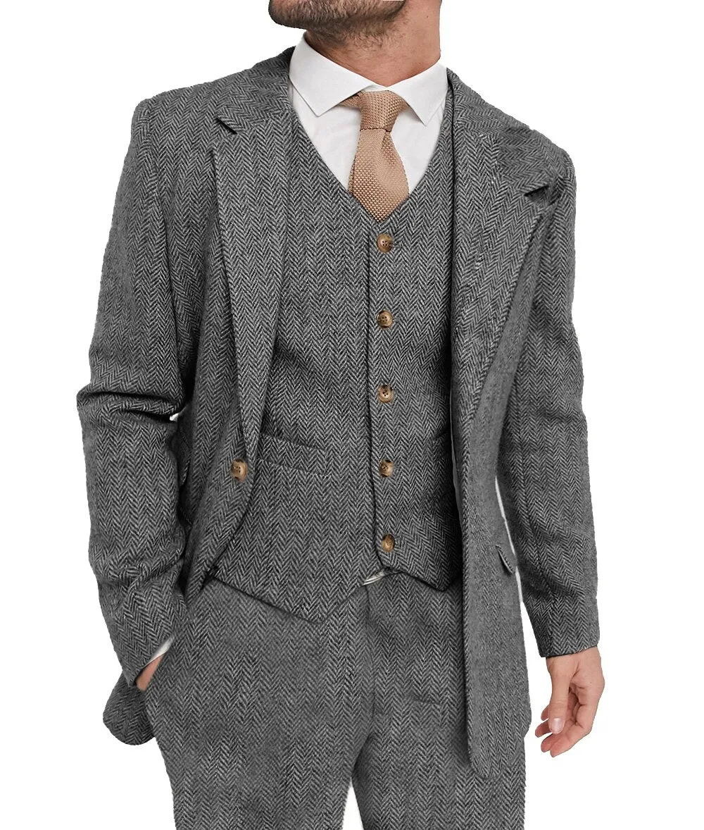 xiangtuibao Mens Suit Grey 3 Piece Suit Hight Quality Wool Tweed Wedding Groomsmen Shawl Lapel Tuxedos Slim Fit Blazer Pants vest
