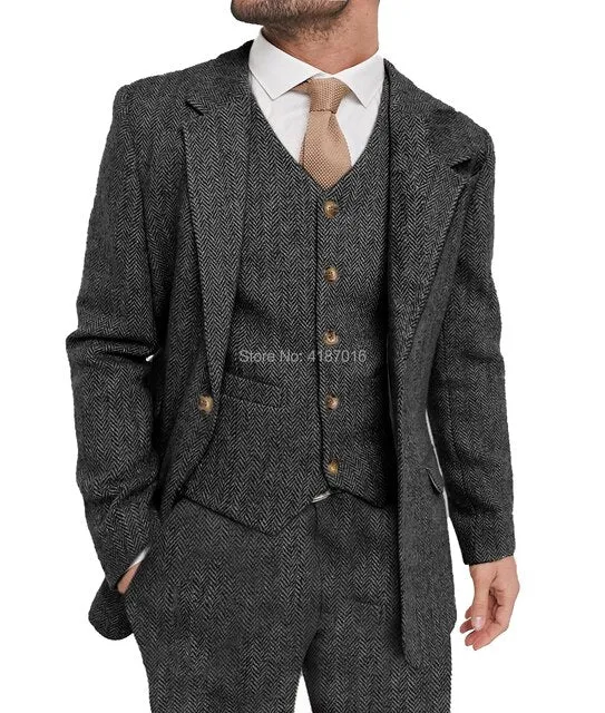 xiangtuibao Mens Suit Grey 3 Piece Suit Hight Quality Wool Tweed Wedding Groomsmen Shawl Lapel Tuxedos Slim Fit Blazer Pants vest