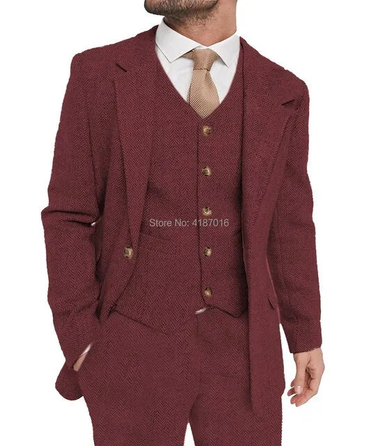 xiangtuibao Mens Suit Grey 3 Piece Suit Hight Quality Wool Tweed Wedding Groomsmen Shawl Lapel Tuxedos Slim Fit Blazer Pants vest