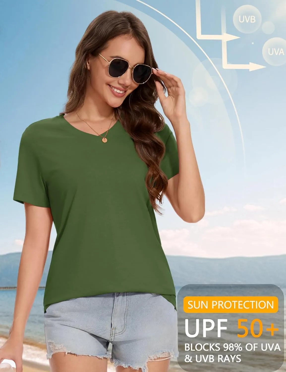 YUCOLEN Women's Cotton Short Sleeve Shirts Soft Breathable UPF 50  V Neck T-Shirts Basic Tops