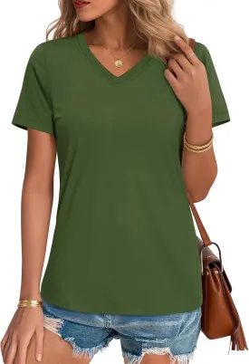 YUCOLEN Women's Cotton Short Sleeve Shirts Soft Breathable UPF 50  V Neck T-Shirts Basic Tops
